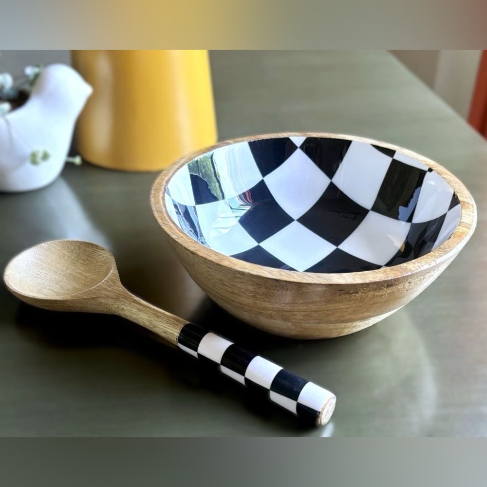 Black White Checkers Artisanal Enameled Mango Wood Serving Bowl & Spoon Set New
